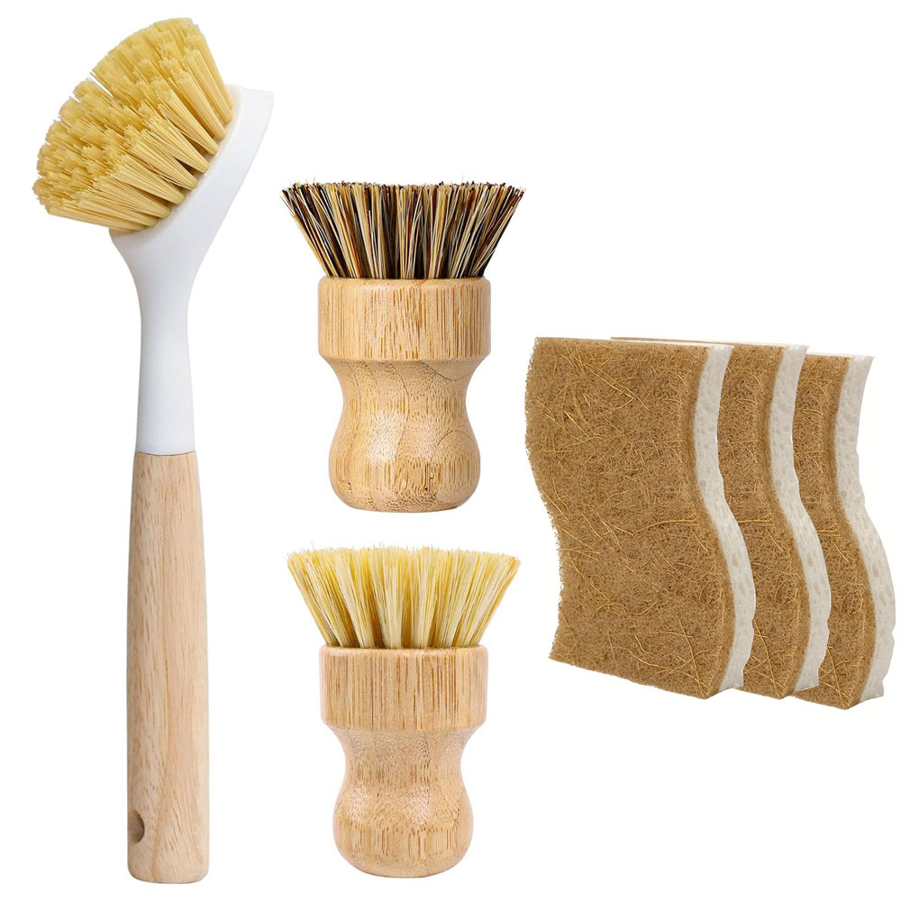 Dish Brush Bamboo - 6-teiliges Bambus-Geschirrbürsten- und Schwamm-Set, Küchenbürsten mit