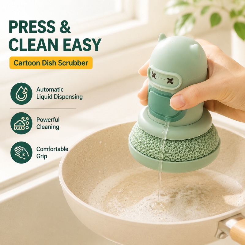 Dish Brush Bamboo - Küchen-Cartoon-Flaschenbürste mit automatischer Flüssigkeitsabgabe, Geschirrspülbürste für