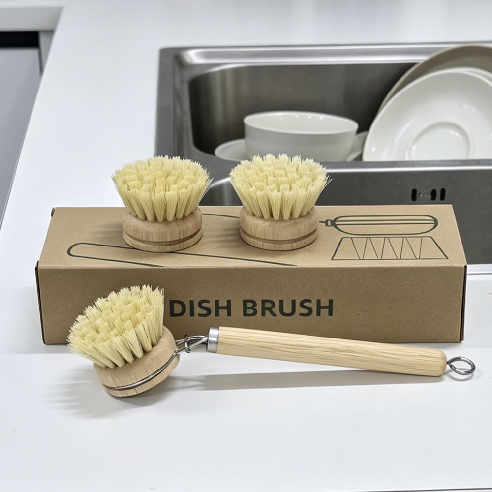 Dish Brush Bamboo - Holzgriff-Spülbürsten-Set mit 3 Ersatz-Sisalköpfen, Küchenreinigungsbürste für