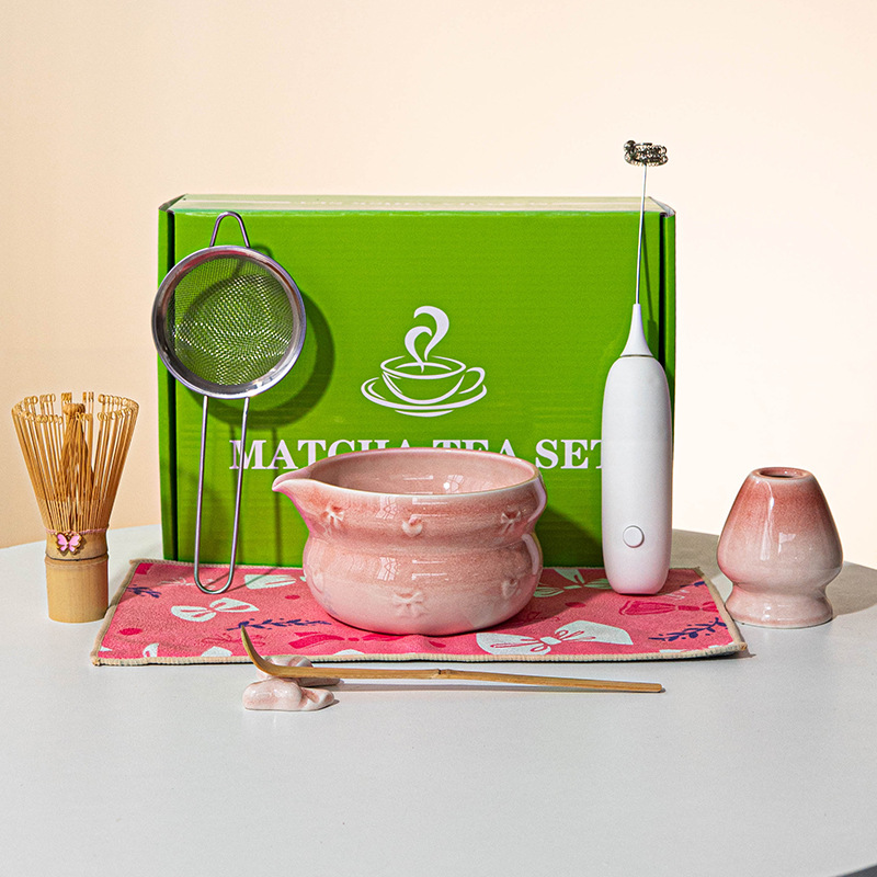 Dish Brush Bamboo - Japanisches Matcha-Tee-Set 8-teilig Keramikschale Bambusbesen Löffel